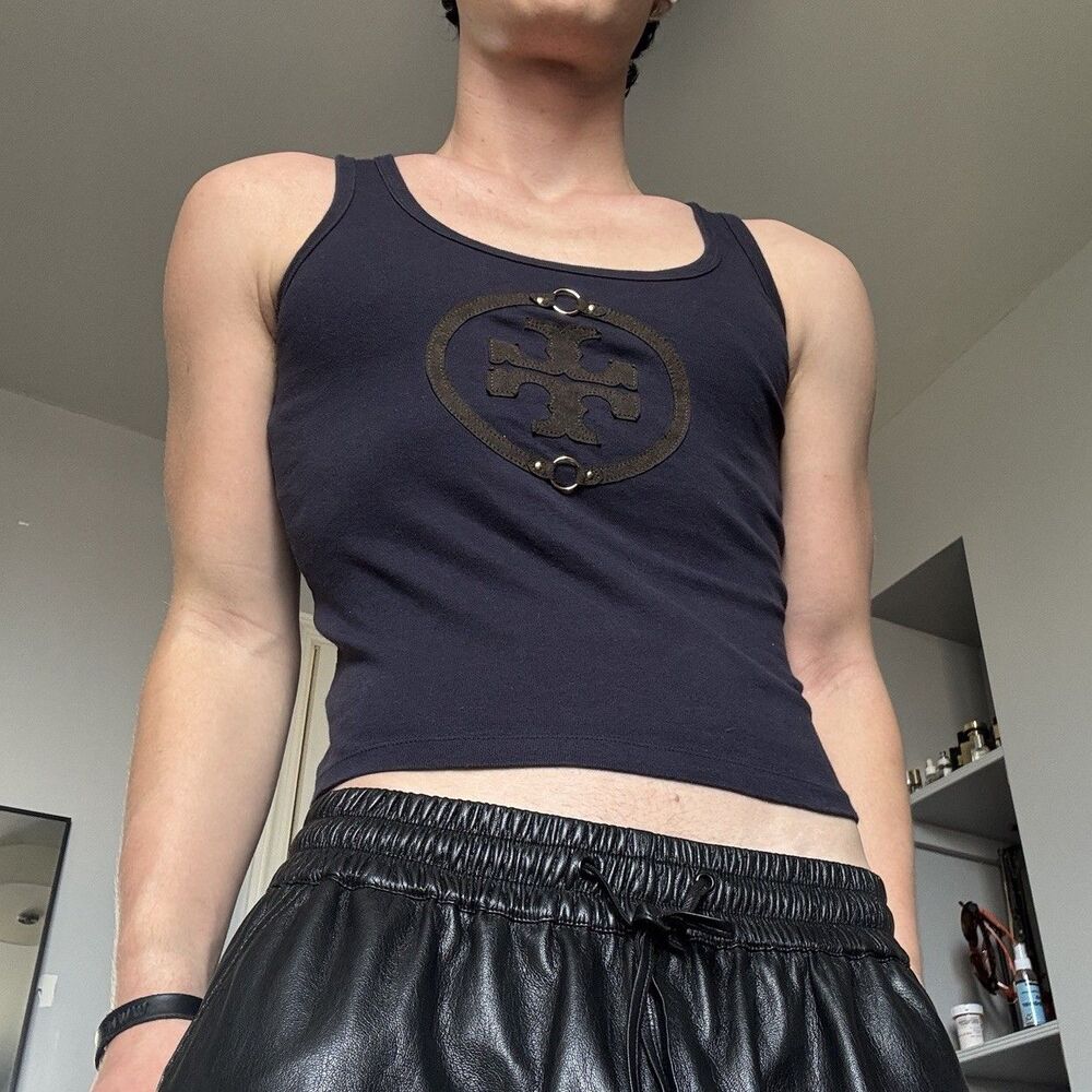 Tory Burch Pierced Gold Logo Dark Blue Women's Tank Top Sz XS 100% Cotton